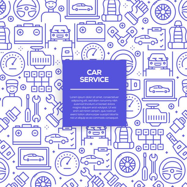 자동차 서비스-벡터에 관련 된 선형 아이콘으로 원활한 패턴 벡터 유행 선형 스타일-자동차 서비스에 대 한 디자인 서식 파일의 요소 집합 - car backgrounds battery service stock illustrations