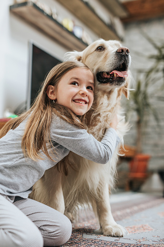Happy little girl embracing her golden retriever at home.