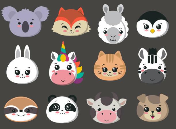 Vector collection of cute animal faces, big icon set for baby design Vector collection of cute animal faces koala, cow, bunny, penguin, unicorn. Big icon set for baby design unicorn face stock illustrations