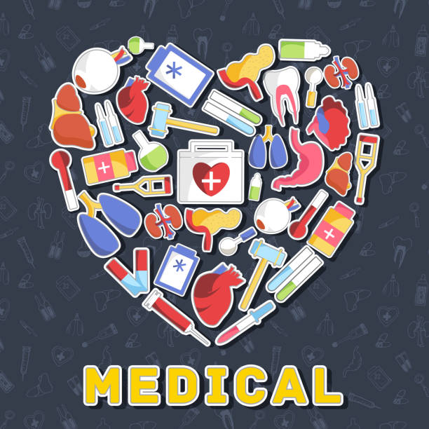 ilustraciones, imágenes clip art, dibujos animados e iconos de stock de equipo plano médico en fondo de concepto de forma corazón los iconos. diseño de ilustración vectorial - human artery audio