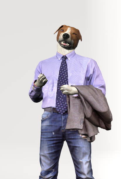 Jack russel in jeans and shirt with tie white background 3d illustration