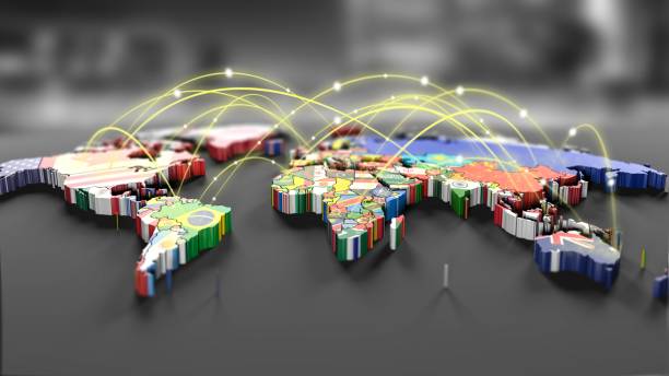 Connection lines Around map with all country flags stock photo