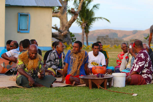 The Kava ceremony in a Fijian village of Naviti Island, Yasawa, Fiji stock photo