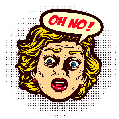 Pop art vintage comic book style disappointed woman face in a panic screaming oh no with speech bubble vector illustration