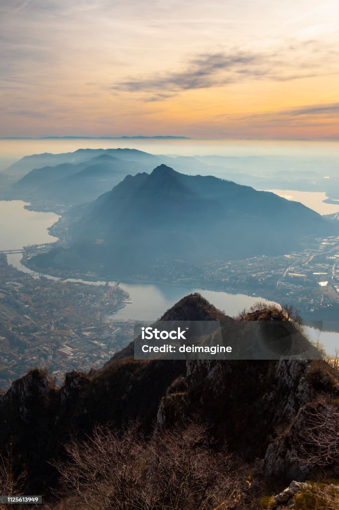 Panorama of Lecco city and Como lake Lake Stock Photo