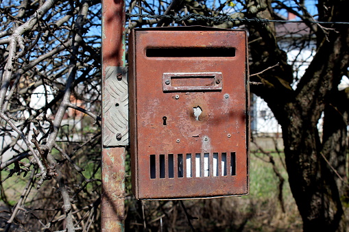 Completely rusted mailbox with letter inside mounted on improvised metal pipe in front of dense branches and trees without leaves on warm sunny day