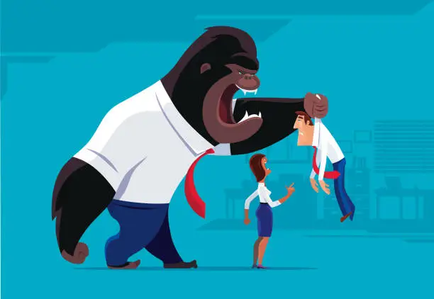 Vector illustration of gorilla and woman blaming businessman