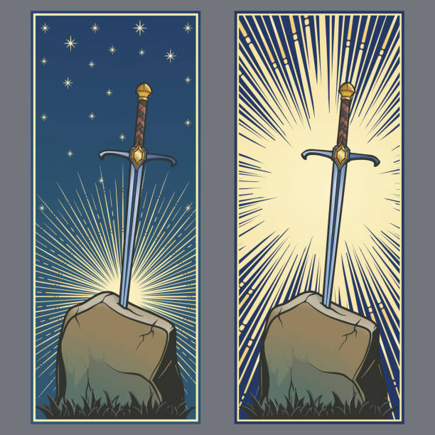 Excalibur Sword trapped in stone. Vintage color palette. Set of 2 vertical posters Excalibur Sword trapped in stone. Decorative banner. Iconic scene from the Medieval European stories about King Arthur. Vintage color palette. Set of 2 vertical posters. EPS10 vector illustration excalibur stock illustrations