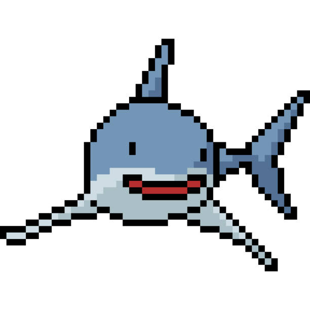 vector pixel art isolated cartoon vector pixel art shark smile isolated cartoon pixel shark stock illustrations