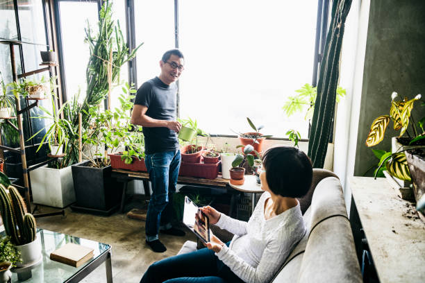 istock Man watering plants in conservatory and woman using tablet 1125619231