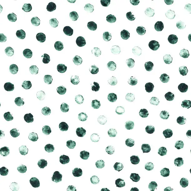 Vector illustration of Small dark green dots spontaneously stamped on a white sheet - roughly unevenly applied paint - abstract handmade surface pattern in vector