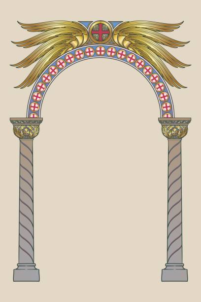 Early medieval Byzantine style round arch. Early medieval Byzantine style round arch. Decorative motiff of Seraphim or cherubim wings. Vertical orientation. Vintage color palette. Hand drawn image. EPS10 vector illustration byzantine icon stock illustrations