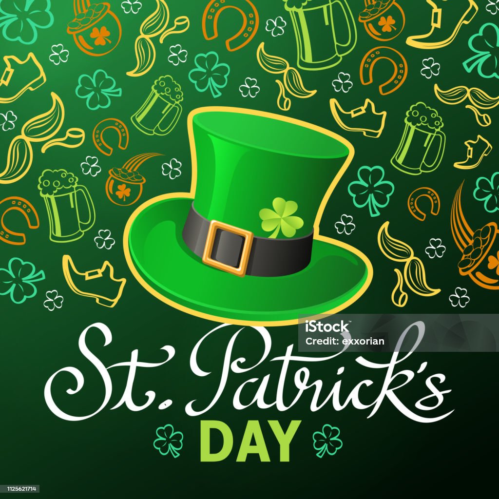 St Patrick's Party with Leprechaun Hat An invitation to the party of St Patrick's Day with leprechaun hat and elements on the green background Irish Culture stock vector