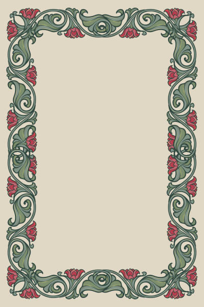 Floral rectangular frame. Fairy tale style decorative border. Vertical orientation. Vintage color palette. Hand drawn image isolated on monochrome background. EPS10 vector illustration