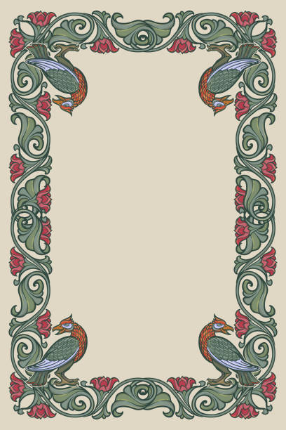 floral rechteckrahmen mit vögel. märchen-stil dekorative bordüre. vertikale ausrichtung. vintage farbpalette. - manuscript stock-grafiken, -clipart, -cartoons und -symbole