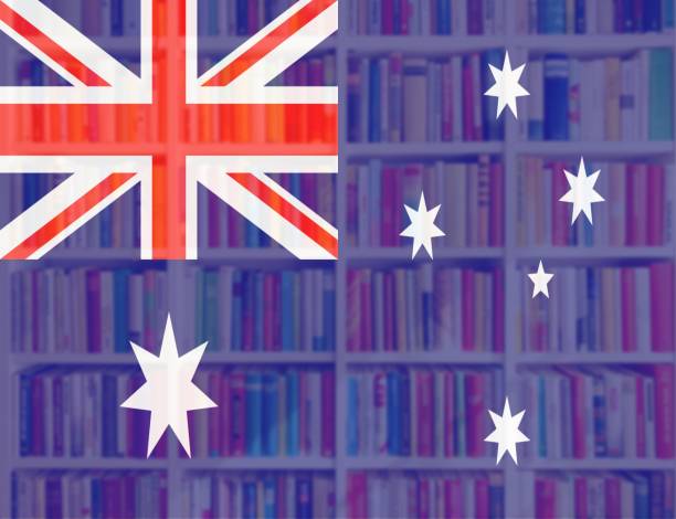 australian flag with full book shelves background - library book shelf generic imagens e fotografias de stock