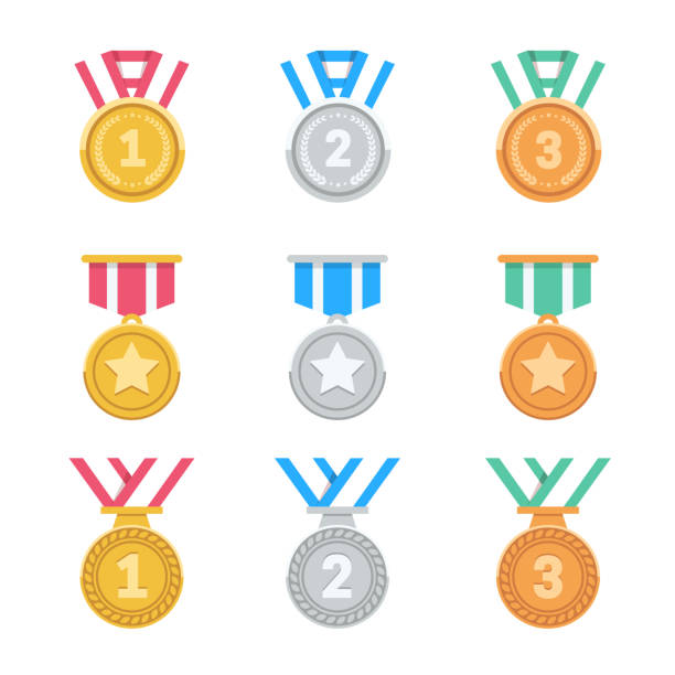 Win medals set. Win medals set. Cool flat award icons. Eps10 vector. bronze alloy illustrations stock illustrations