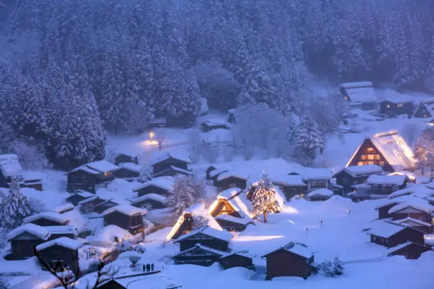 Winter Landscape of Shirakawago light-up with Snowfall Gifu Chubu Japan