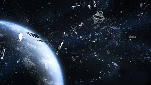 poubelle galactique en orbite autour de la terre - space photos et images de collection