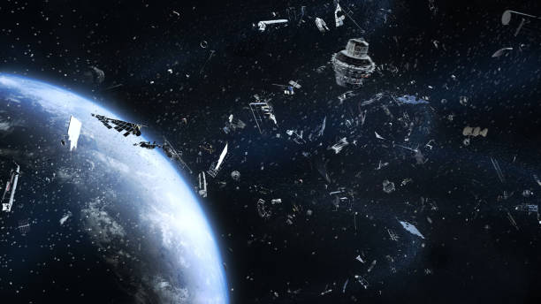 galactic trash orbiting earth - man made space imagens e fotografias de stock