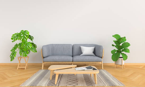 istock Gray sofa and plant in white living room, 3D rendering 1125630107