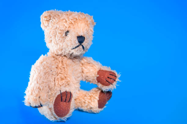 istock Plush teddy bear sitting on blue background 1125630684