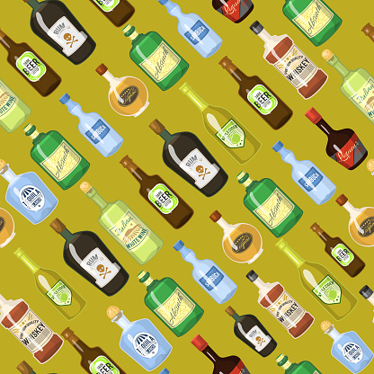 Alcohol seamless background with wine and cocktail bottles and glasses vector illustration. Beverage restaurant drink pattern bar party menu texture textile. Champagne cocktail liquor wallpaper.