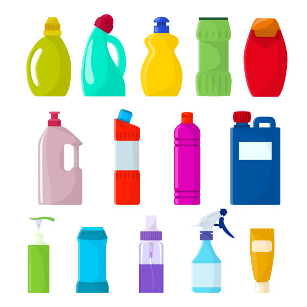 ilustraciones, imágenes clip art, dibujos animados e iconos de stock de envase blanco de vector botella de detergente plástico con poder limpiador - chemical merchandise cleaning product domestic life