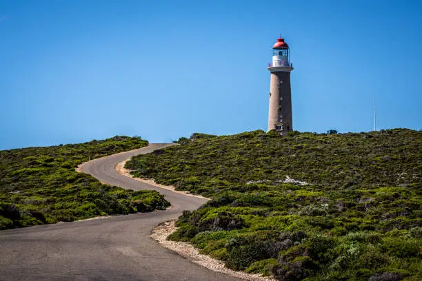 Lighthouse with red top and winding road at Cape du Couedic on Kangaroo island in SA Australia