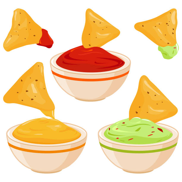 ilustraciones, imágenes clip art, dibujos animados e iconos de stock de tazones de fuente de dip de guacamole de aguacate, salsa de tomate, salsa y nachos chips de queso - guacamole avocado mexican culture food