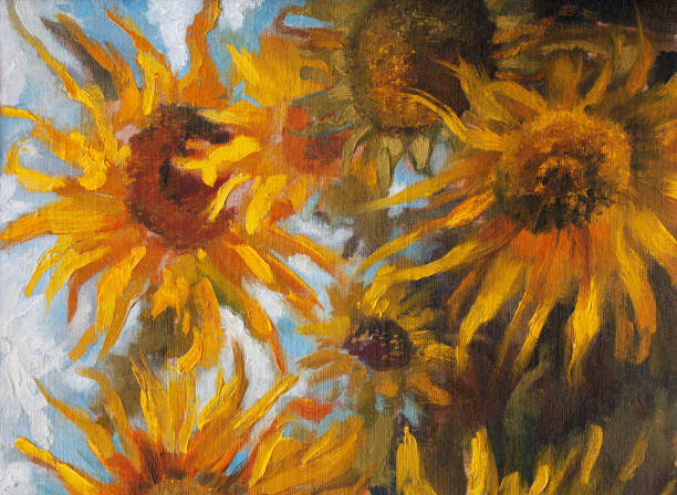 istock Fashionable illustration modern art work my original oil painting on canvas impressionism summer landscape blooming yellow Helianthus annuus on a field against the sky and clouds 1125636035