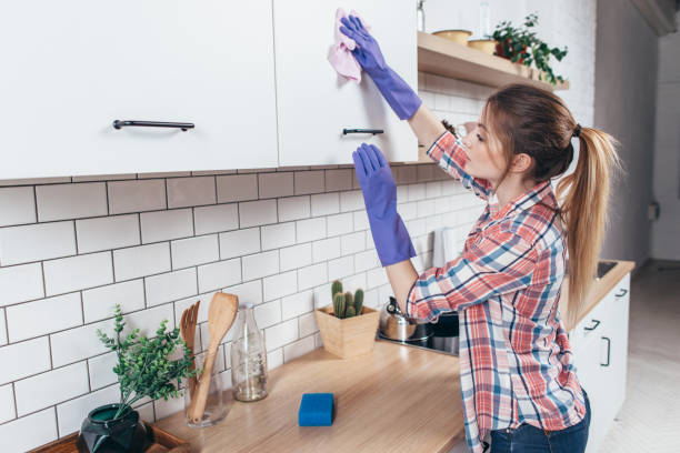 Young woman cleaning the furniture in the kitchen. stock photo