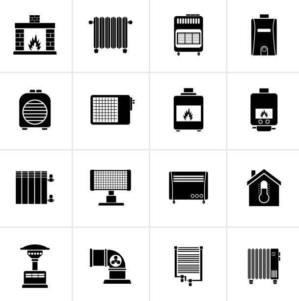 Black Home Heating appliances icons Black Home Heating appliances icons - vector icon set electric heater stock illustrations