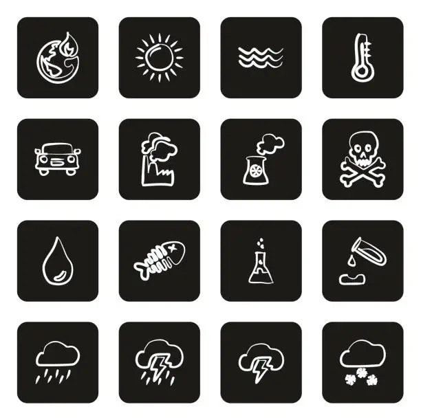 Vector illustration of Global Warming Icons Freehand White On Black