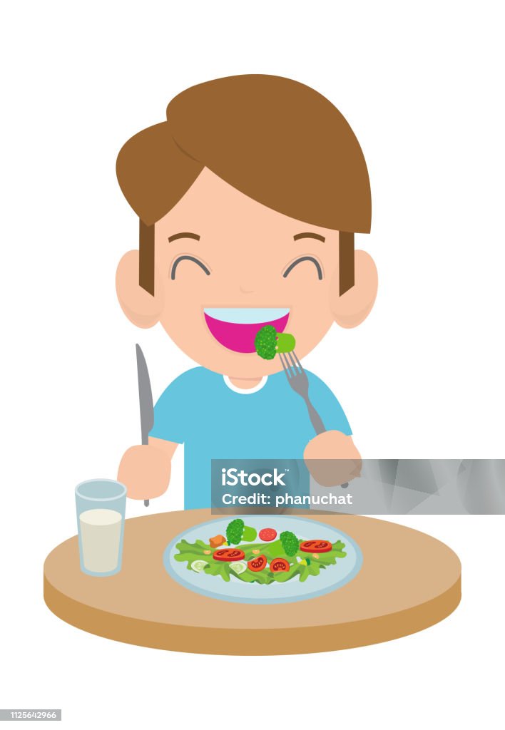 Ilustración de Niño Feliz De Dibujos Animados Lindo Comer Ensalada Los  Niños Y Saludable Alimento Vegetal Vector Ilustración y más Vectores Libres  de Derechos de Comer - iStock