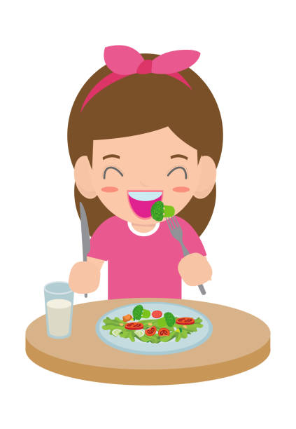 Ilustración de Chica Feliz De Dibujos Animados Lindo Comer Ensalada Los  Niños Y Saludable Alimento Vegetal Vector Ilustración y más Vectores Libres  de Derechos de Comer - iStock