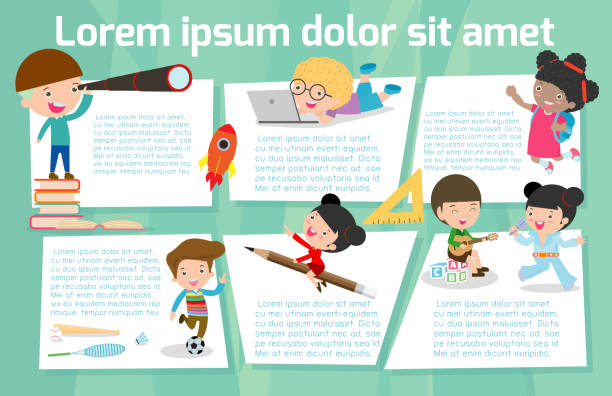 illustrations, cliparts, dessins animés et icônes de éducation d’enfants mignons, au fond de l’école, modèle de brochure publicitaire, votre texte, prêt pour votre message. illustration vectorielle - paper education preschool blank