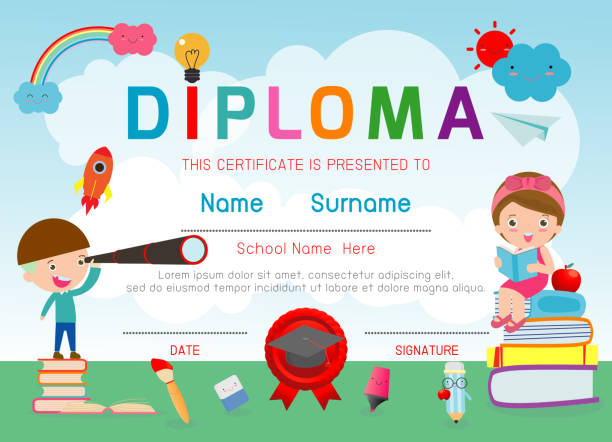 illustrations, cliparts, dessins animés et icônes de certificats de maternelle et primaire, préscolaire enfants diplôme certificat modèle modèle de conception, modèle de diplôme pour les élèves de la maternelle, certificat de diplôme kids, vector illustration - paper education preschool blank