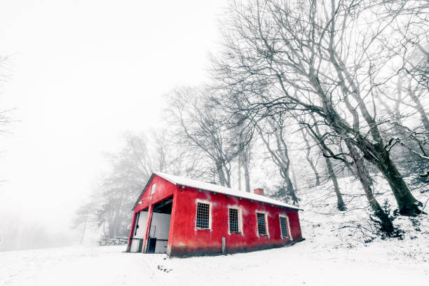istock Red barn in a misty winter landscape 1125645845