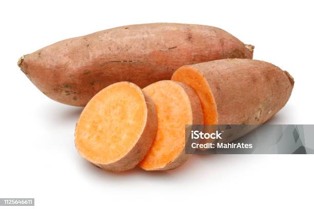 Sweet Potato With Slices Stock Photo - Download Image Now - Sweet Potato, White Background, Cut Out
