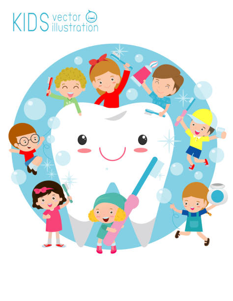 illustration of Kids Brushing a Tooth,Little children take care of and clean a large, smiling tooth. cartoon characters - Vector illustration of Kids Brushing a Tooth,Little children take care of and clean a large, smiling tooth. cartoon characters - Vector toothbrush toothpaste backgrounds beauty stock illustrations