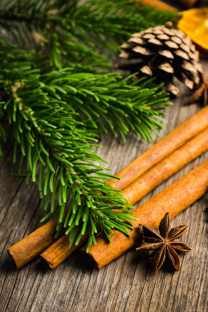 istock Wooden background with atmospheric winter decorations 1125648270