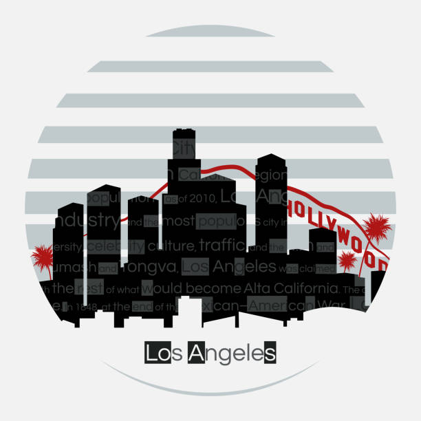 ilustrações de stock, clip art, desenhos animados e ícones de los angeles silhouette vector round label - city of los angeles los angeles county downtown district cityscape