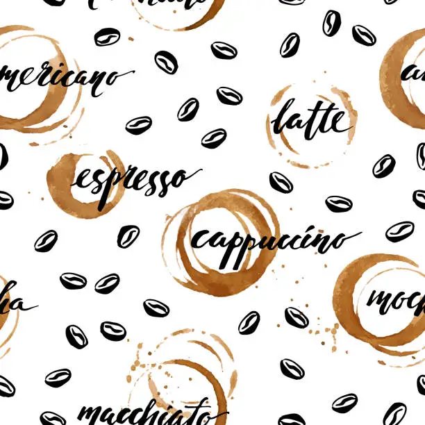 Vector illustration of Hand drawn coffee seamless pattern. Black ink coffee beans, mug prints and lettering background.