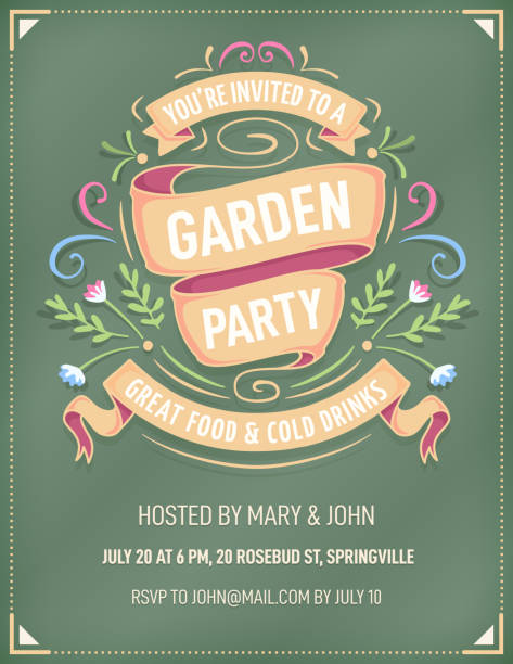 Garden Party Invitation with Colorful Flowers and Ribbons Elegant and colorful invitation for a summer, spring or garden party, with bright ribbons and flowers on a dark green background. The fonts are called "Yanone Kaffeesatz" and "D-DIN Condensed". garden parties stock illustrations