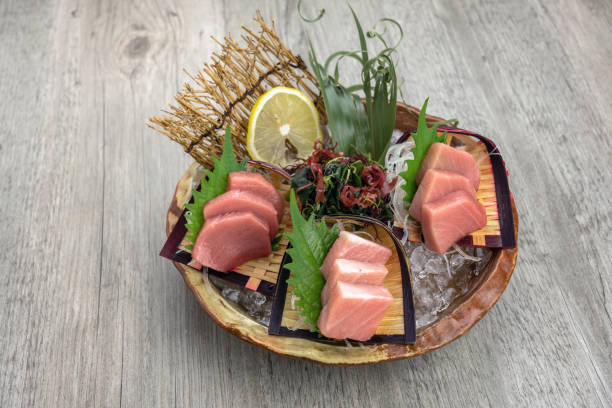 Top view of tuna sashimi set include Otoro, Chutoro and Akami with ice on the table, Luxury Japanese food concept Top view of tuna sashimi set include Otoro, Chutoro and Akami with ice on the table, Luxury Japanese food concept opah stock pictures, royalty-free photos & images