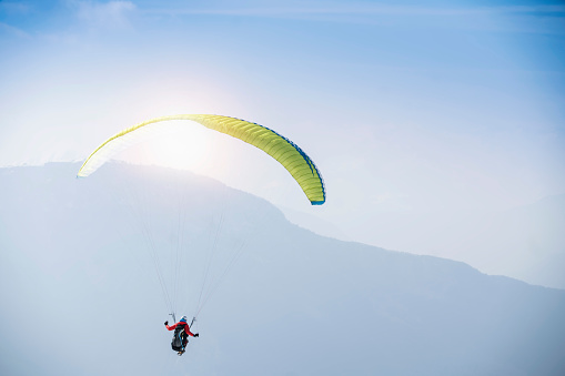 Kitesurf kite against clear sky. Kite flying in air scenic background. Imbros Island. Gokceada, Canakkale Turkey August 20 2022