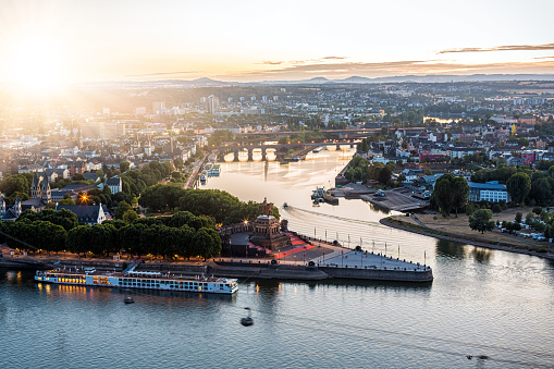 City Koblenz with Deutsches Eck at sunset