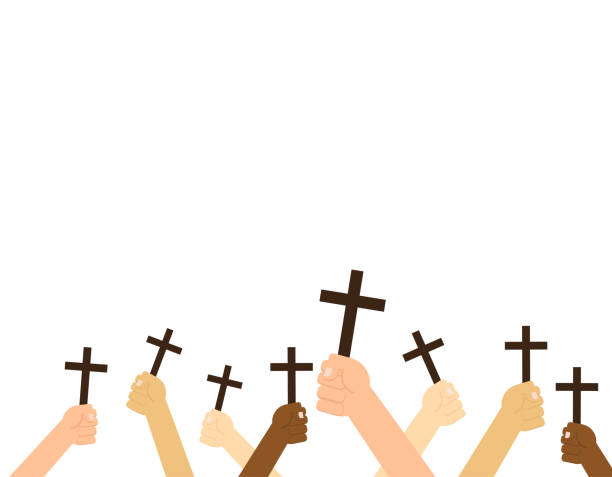 illustrazioni stock, clip art, cartoni animati e icone di tendenza di mani che tengono la croce cristiana isolata su sfondo bianco - illustrazione vettoriale - god crucifix cross human hand