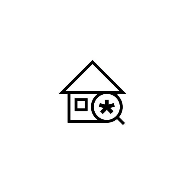 Vector illustration of search new house icon. home with magnifying glass and asterisk symbol. simple clean thin outline style design.